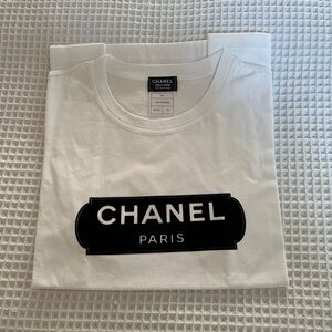 NEW Authentic CHANEL Uniform White Tee with Black Velvet Logo